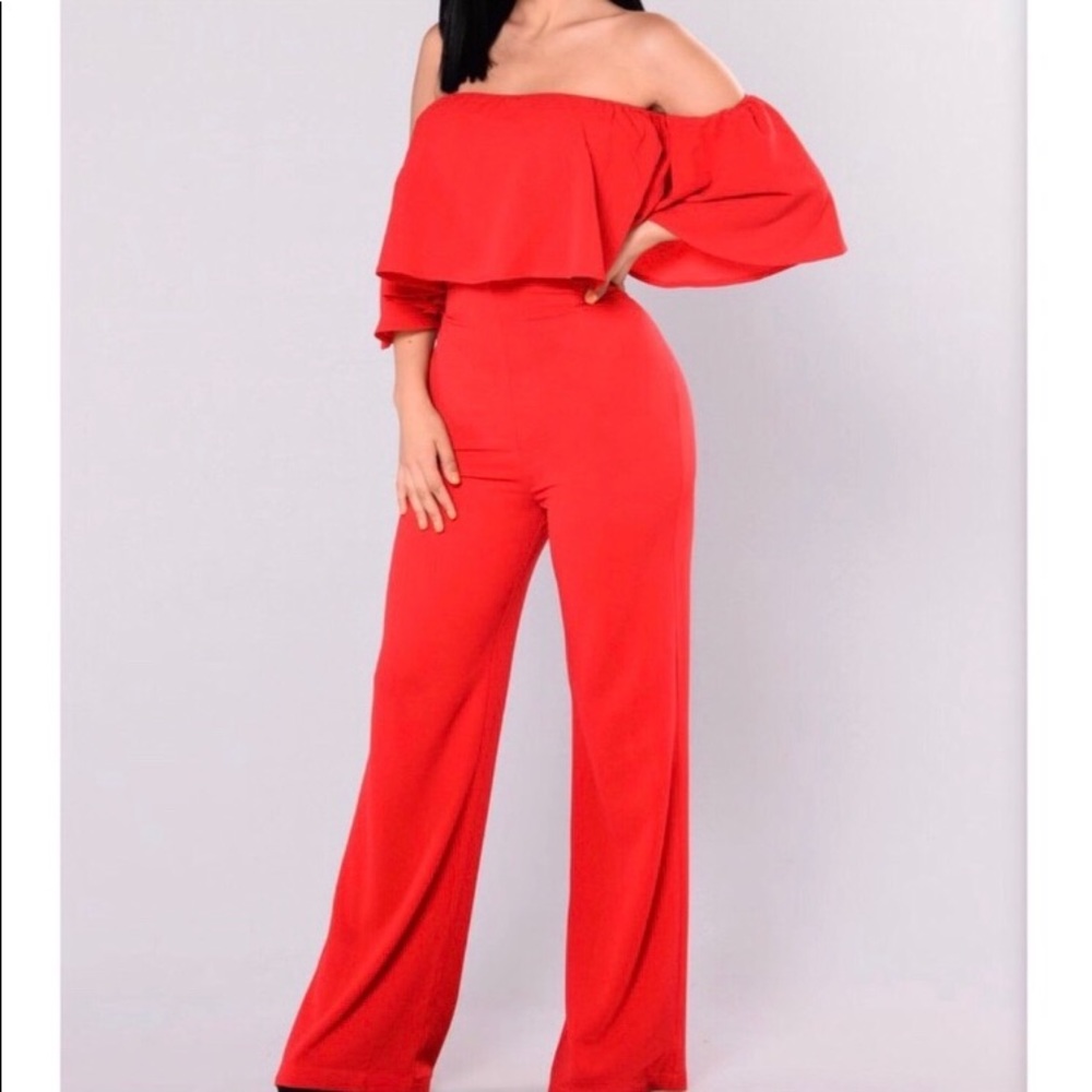 Off The Shoulder Red Jumpsuit